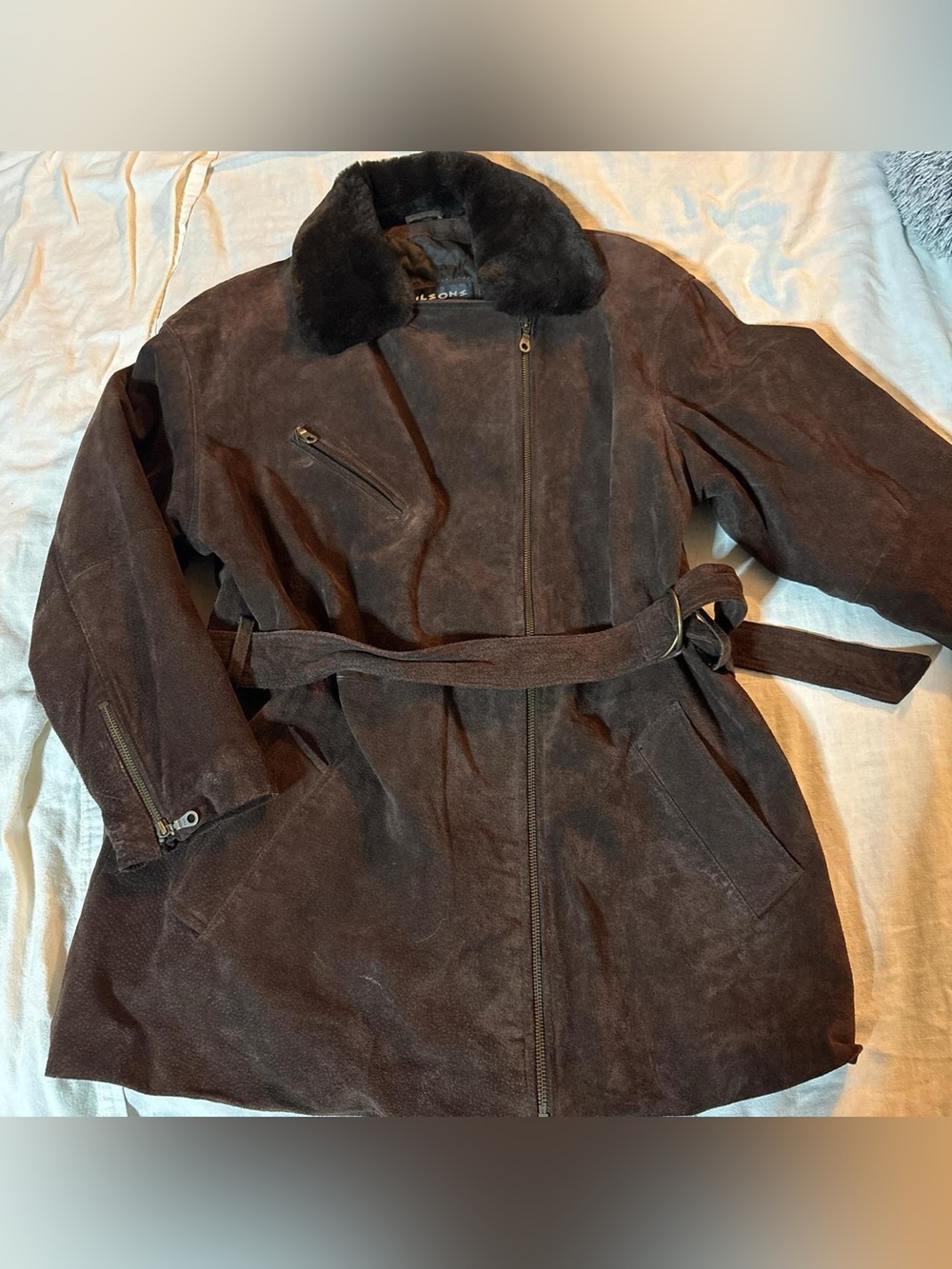 Wilson Dark Brown Suede Belted Trench Coat with Faux Fur Collar